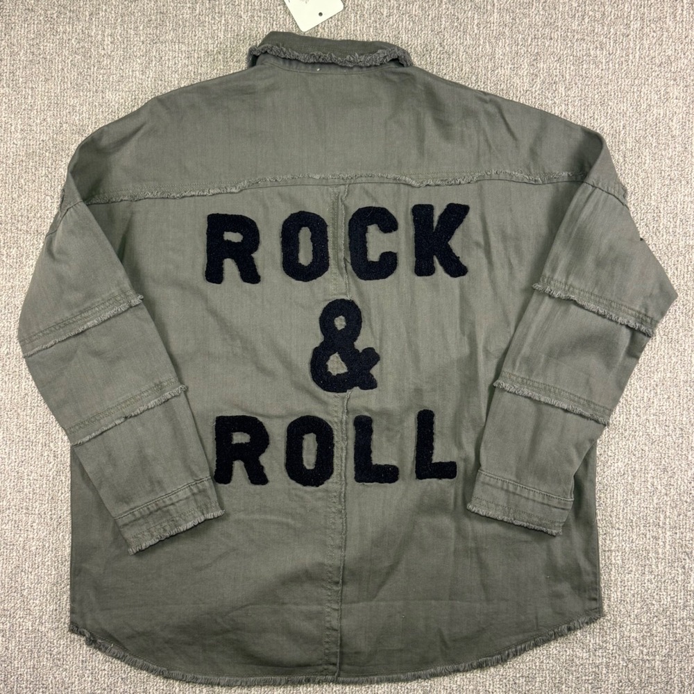 Elan Rock & Roll Green Grey Cotton Shacket Distressed Embroidered Button‎ Up M